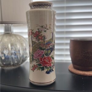 VTG Asahi Japan Porcelain Peacock Floral Design With Gold Accent Rim Bud Vase